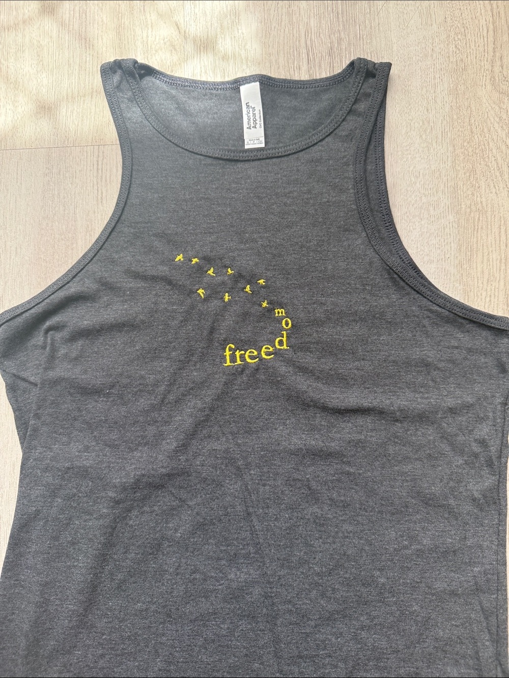 Charcoal Gray Tank Top with Yellow 'freedom' Embroidered Design